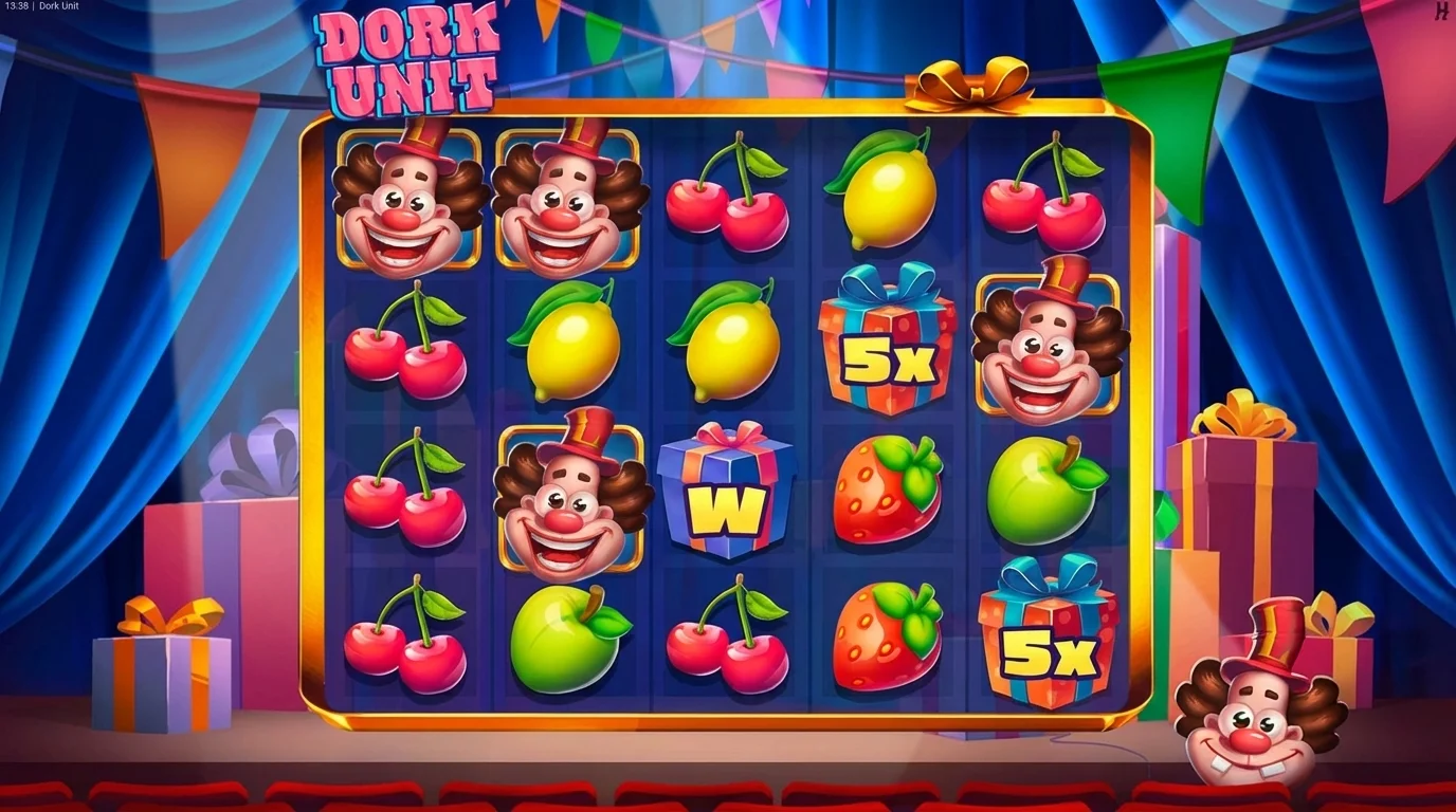 Dork Unit slot game reels showing clown theme with fruit symbols and gift box wilds