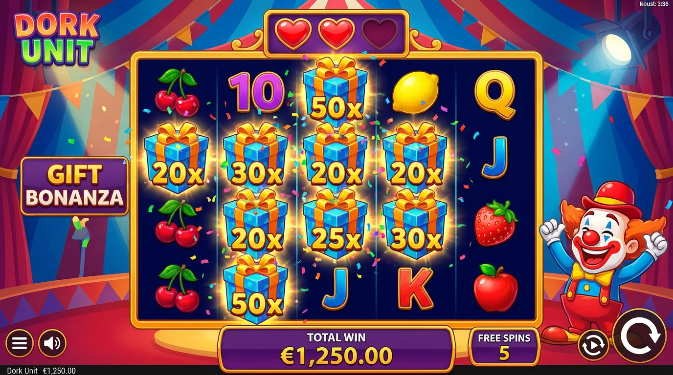 Dork Unit slot Gift Bonanza bonus feature with sticky gift box wilds