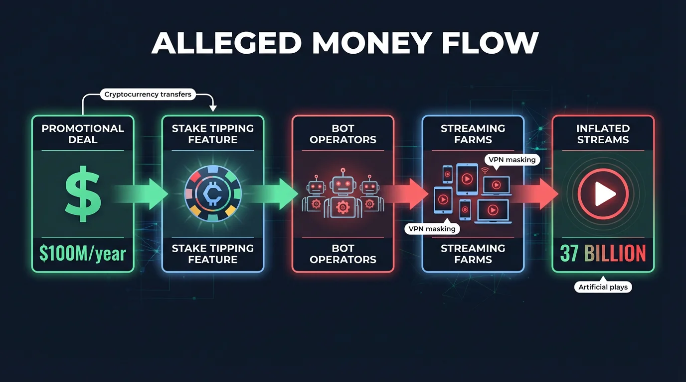 Infographic showing alleged money flow from promotional deal through Stake tipping to bot operators and inflated streaming counts