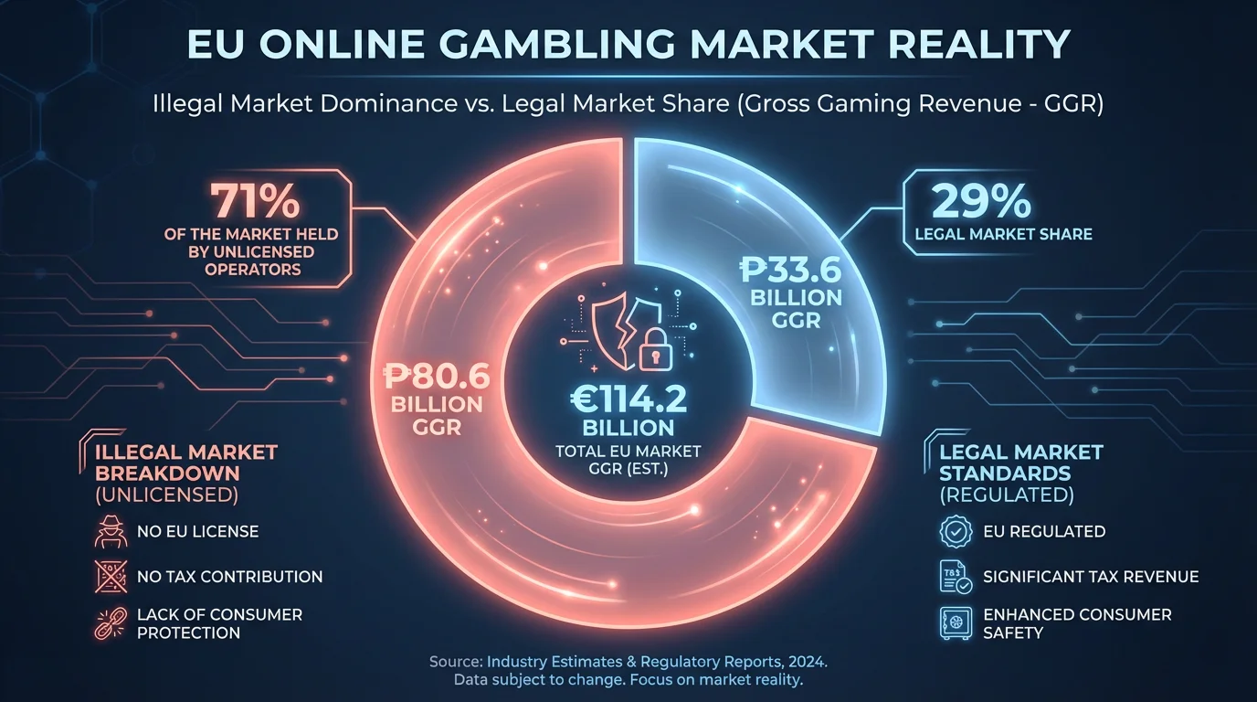 Infographic chart showing 71% of EU online gambling market held by illegal operators vs legal market share