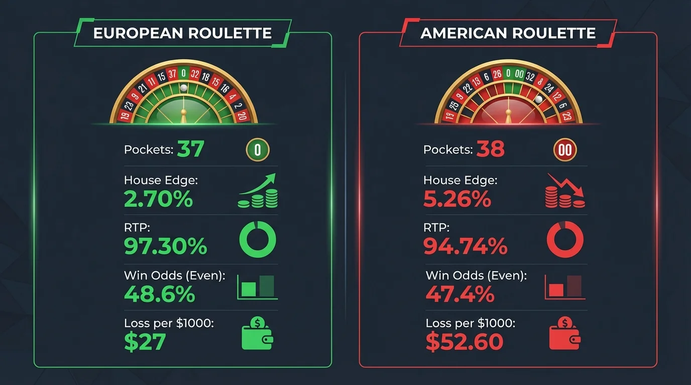 Infographic comparing European roulette (37 pockets, 2.70% house edge) vs American roulette (38 pockets, 5.26% house edge)