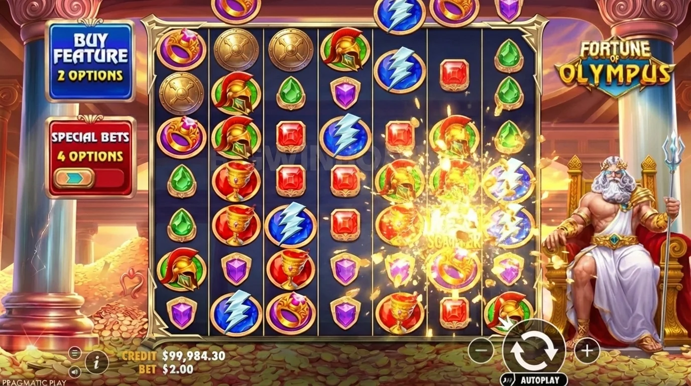 Fortune of Olympus slot tumble cascade feature with symbols falling