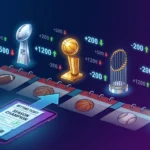Futures betting timeline showing season start to championship with trophies, odds movement, and betting ticket