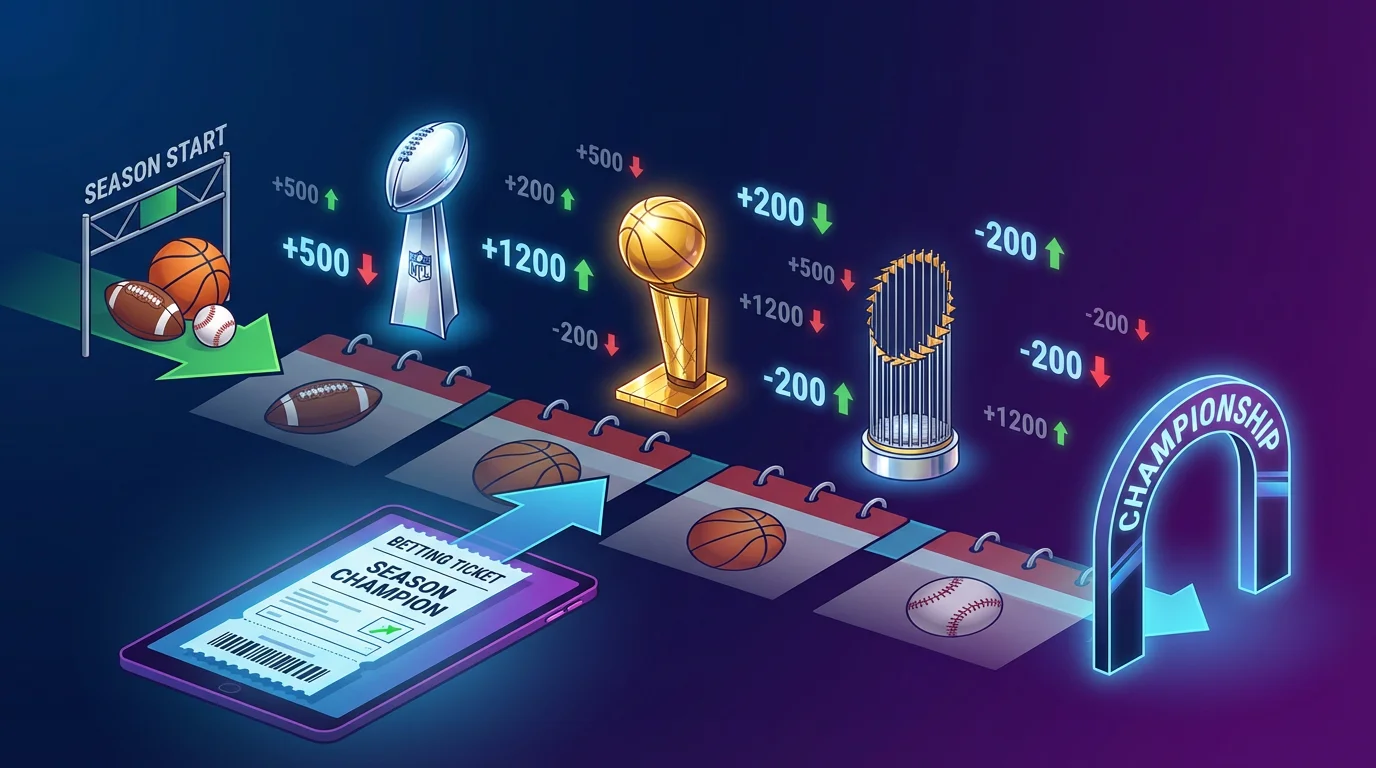 Futures betting timeline showing season start to championship with trophies, odds movement, and betting ticket