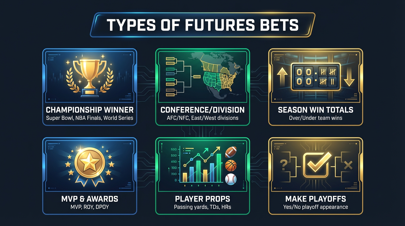 Infographic showing 6 types of futures bets: championship winner, conference division, season win totals, MVP awards, player props, make playoffs