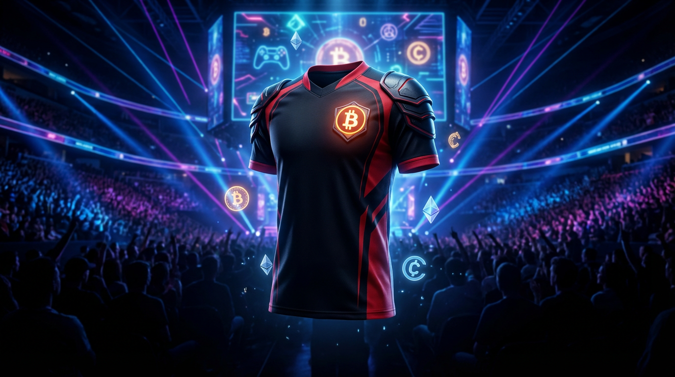 Black and red esports jersey with Bitcoin crypto casino sponsor logo in packed esports arena - representing G2 Betpanda partnership