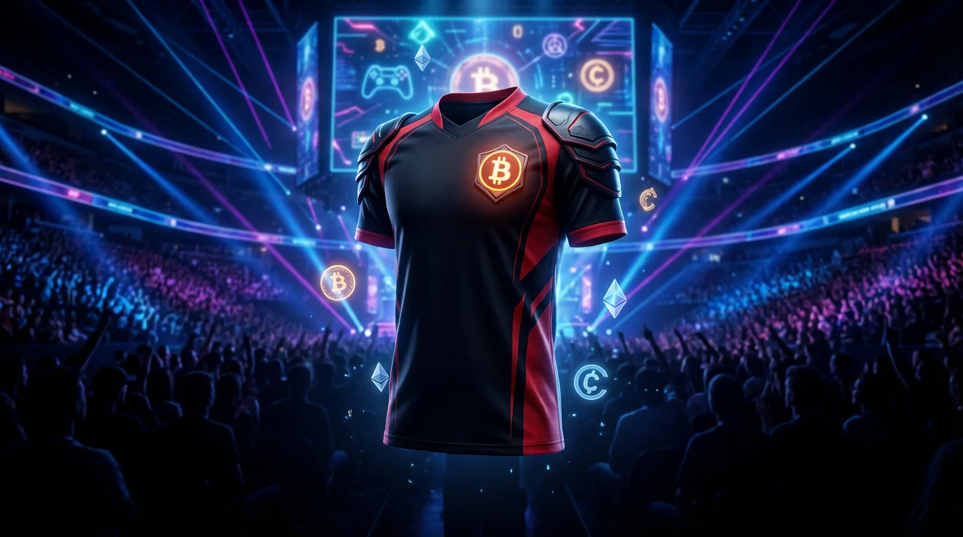 Black and red esports jersey with Bitcoin crypto casino sponsor logo in packed esports arena - representing G2 Betpanda partnership