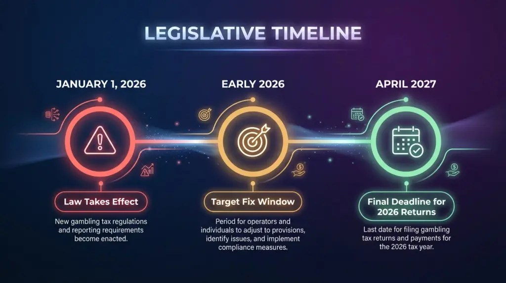 Legislative Timeline - January 2026 Law Takes Effect, All Bills Stalled, April 2027 Deadline
