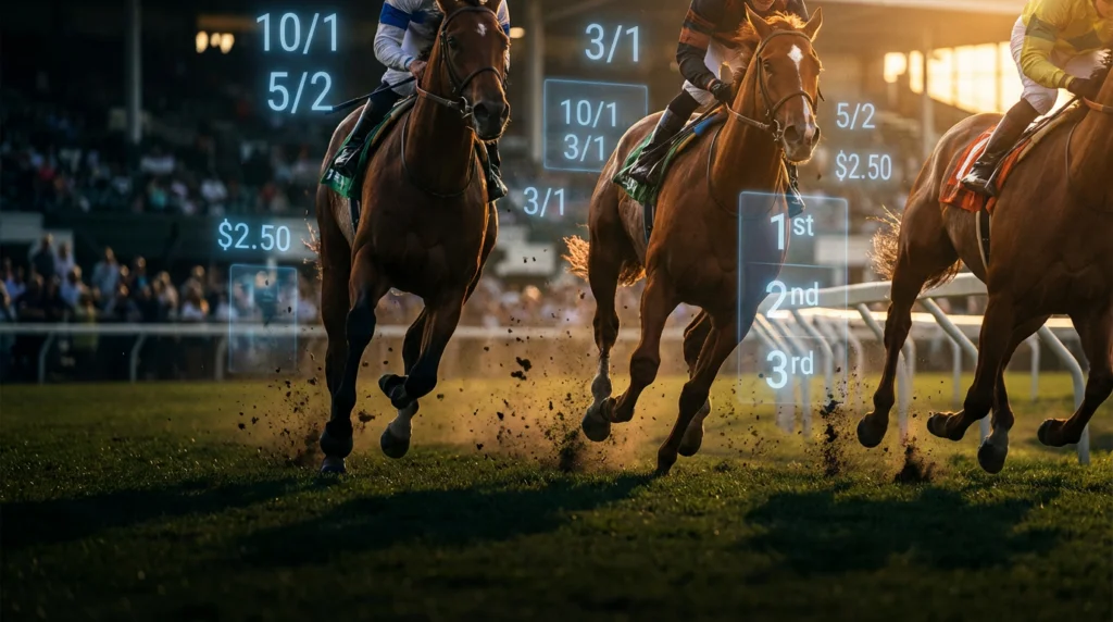 Thoroughbred horses racing in the final stretch with betting odds overlay