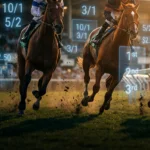 Thoroughbred horses racing in the final stretch with betting odds overlay