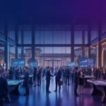 Large gaming industry expo hall with business professionals networking among slot machines and gaming equipment