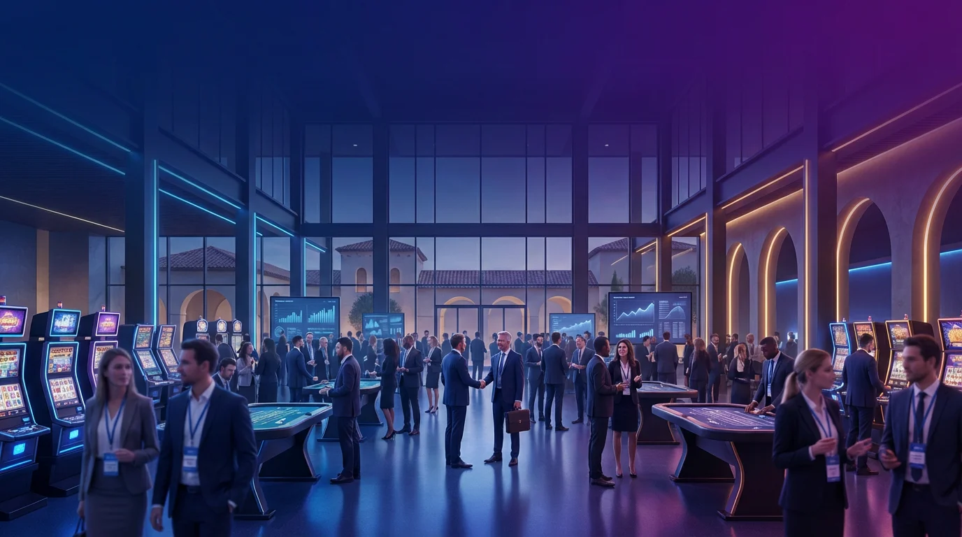 Large gaming industry expo hall with business professionals networking among slot machines and gaming equipment