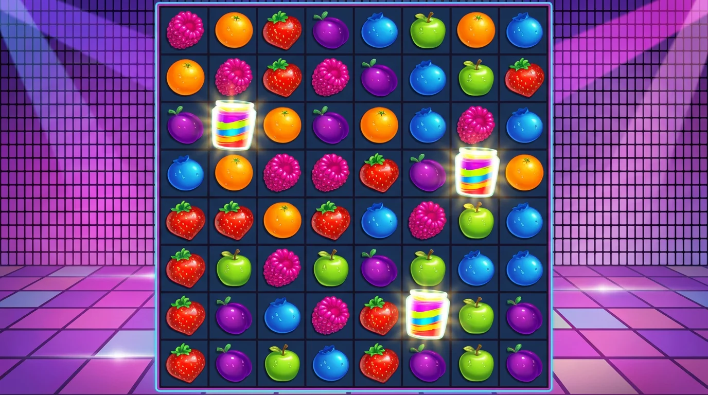 Jammin Jars slot 8x8 grid with colorful fruit symbols and jam jar wilds