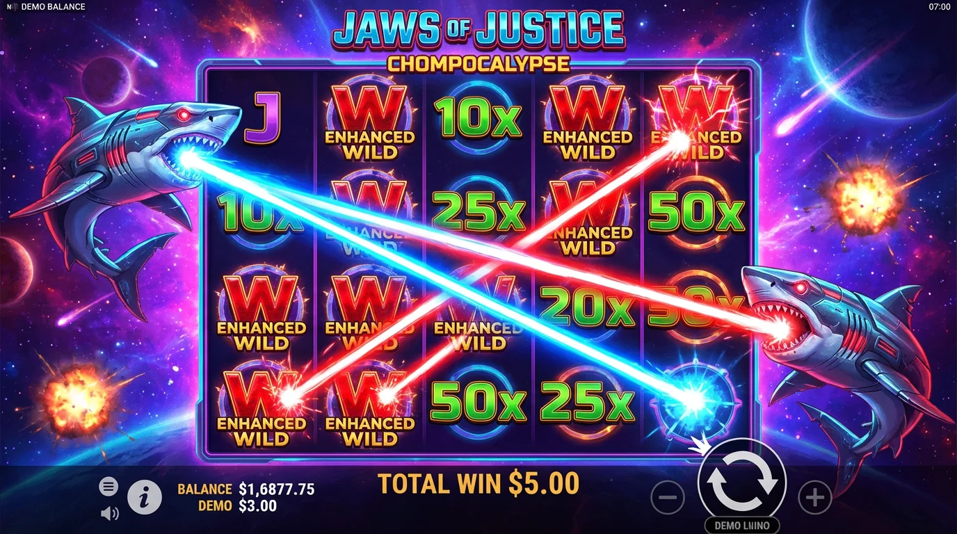 Jaws of Justice Chompocalypse free spins bonus with dual-direction lasers