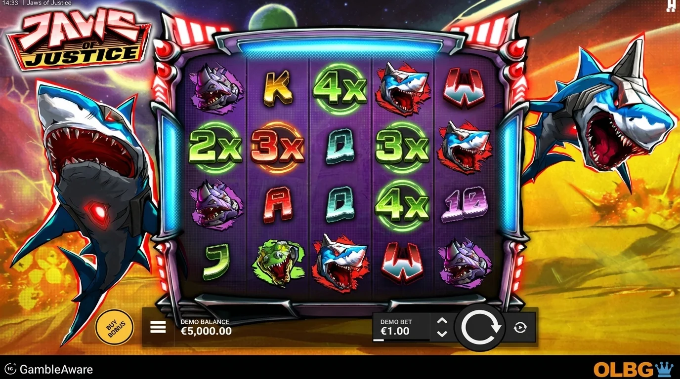 Jaws of Justice slot game reels with cosmic space theme and laser sharks