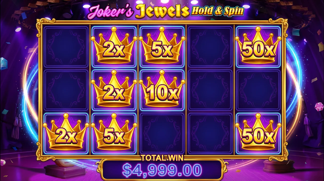 Jokers Jewels Hold and Spin Hold and Spin bonus feature with Gold Crown money symbols
