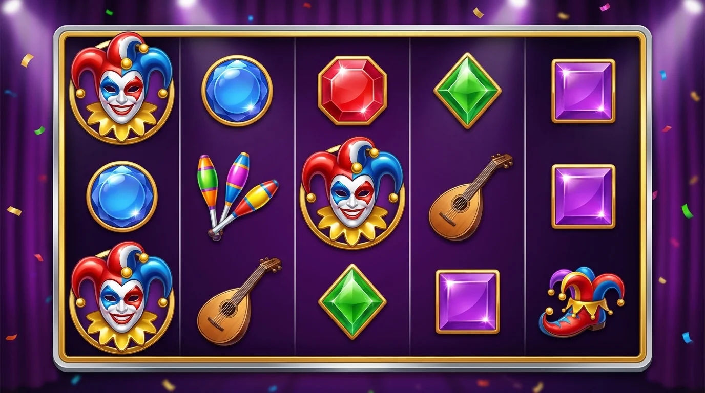 Jokers Jewels Hold and Spin slot game reels showing classic jester theme with colorful gem symbols