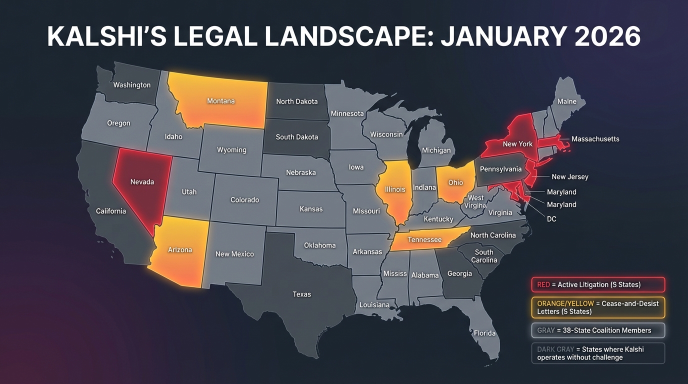 US map showing states with active litigation, cease-and-desist letters, and coalition members opposing Kalshi prediction markets