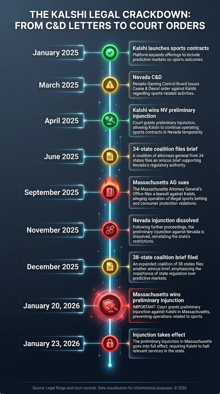 Timeline showing Kalshi legal battles from January 2025 sports contract launch through January 2026 Massachusetts injunction