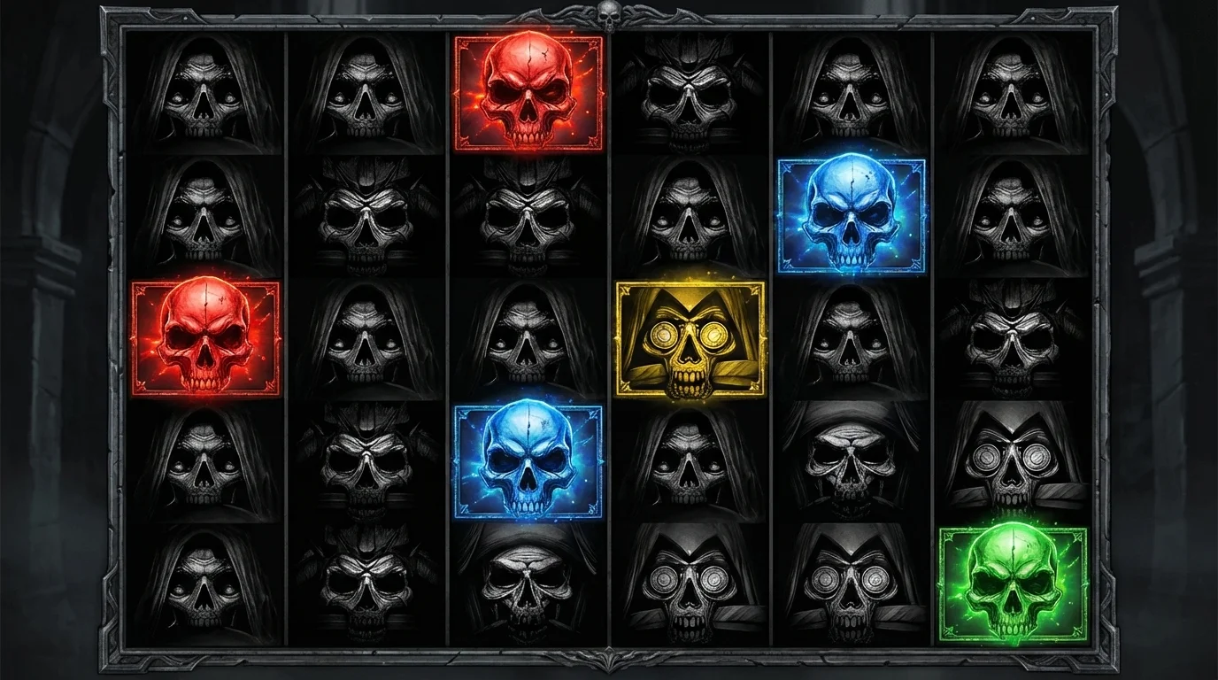 Life and Death slot game reels showing Four Horsemen theme with gothic symbols