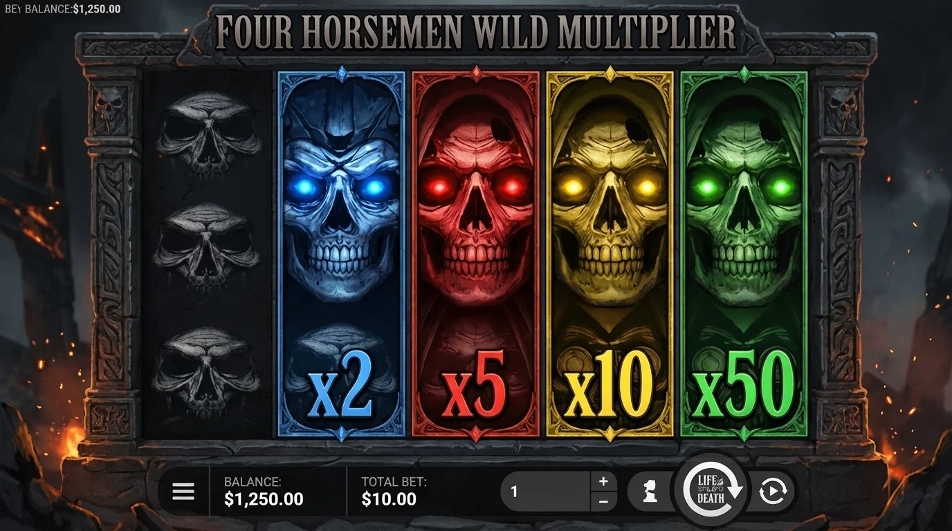 Life and Death Four Horsemen Wild Multiplier symbols expanding on reels
