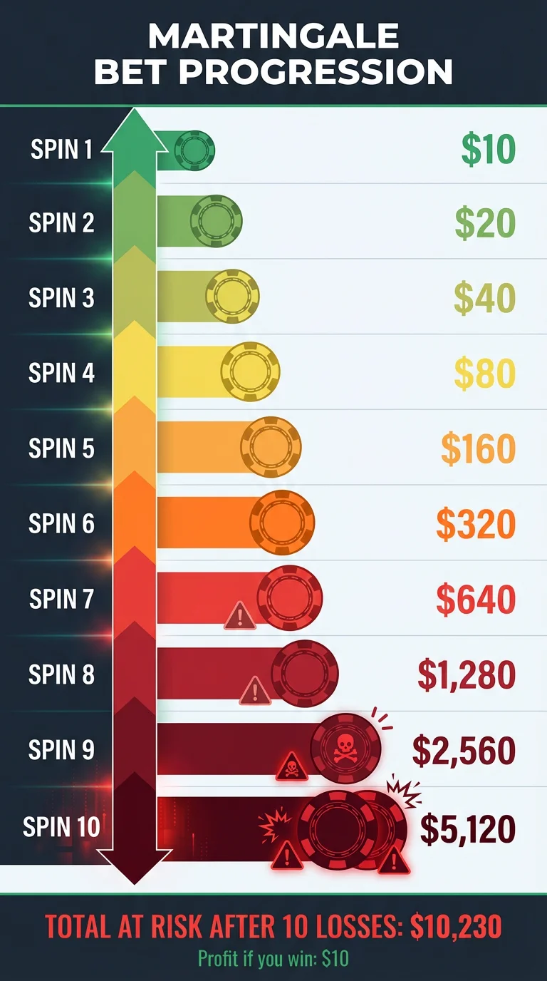 Martingale bet progression infographic showing bets escalating from 10 dollars to 5120 dollars over 10 losing spins with total risk of 10230 dollars for just 10 dollars profit