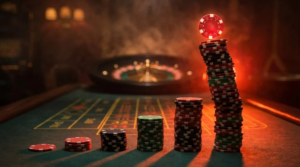 Escalating casino chip stacks on roulette table showing the dangerous exponential growth of Martingale betting system