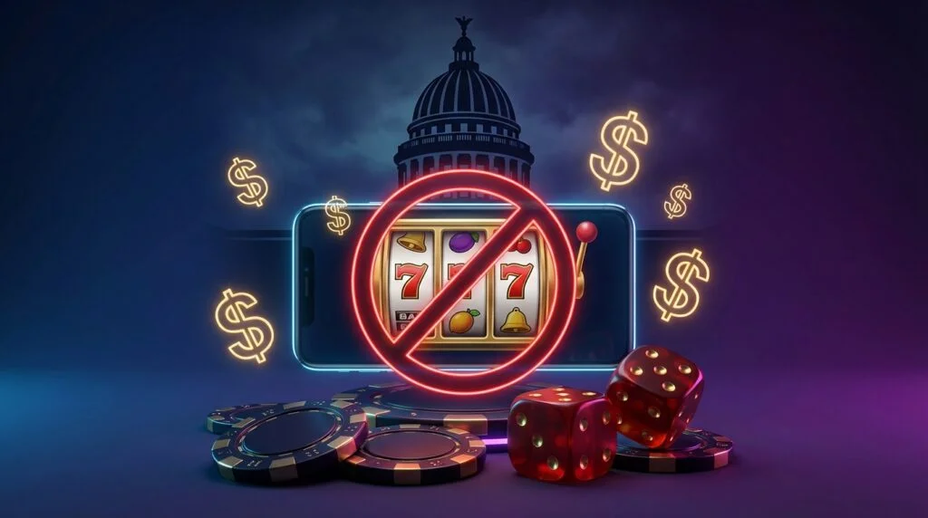 Mississippi state capitol building with banned online slot machine symbol, casino chips and dice representing the .4 billion casino industry fighting sweepstakes casinos
