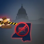 Mississippi SB2104 sweepstakes casino ban legislation with state outline, banned slot machine, and legal imagery