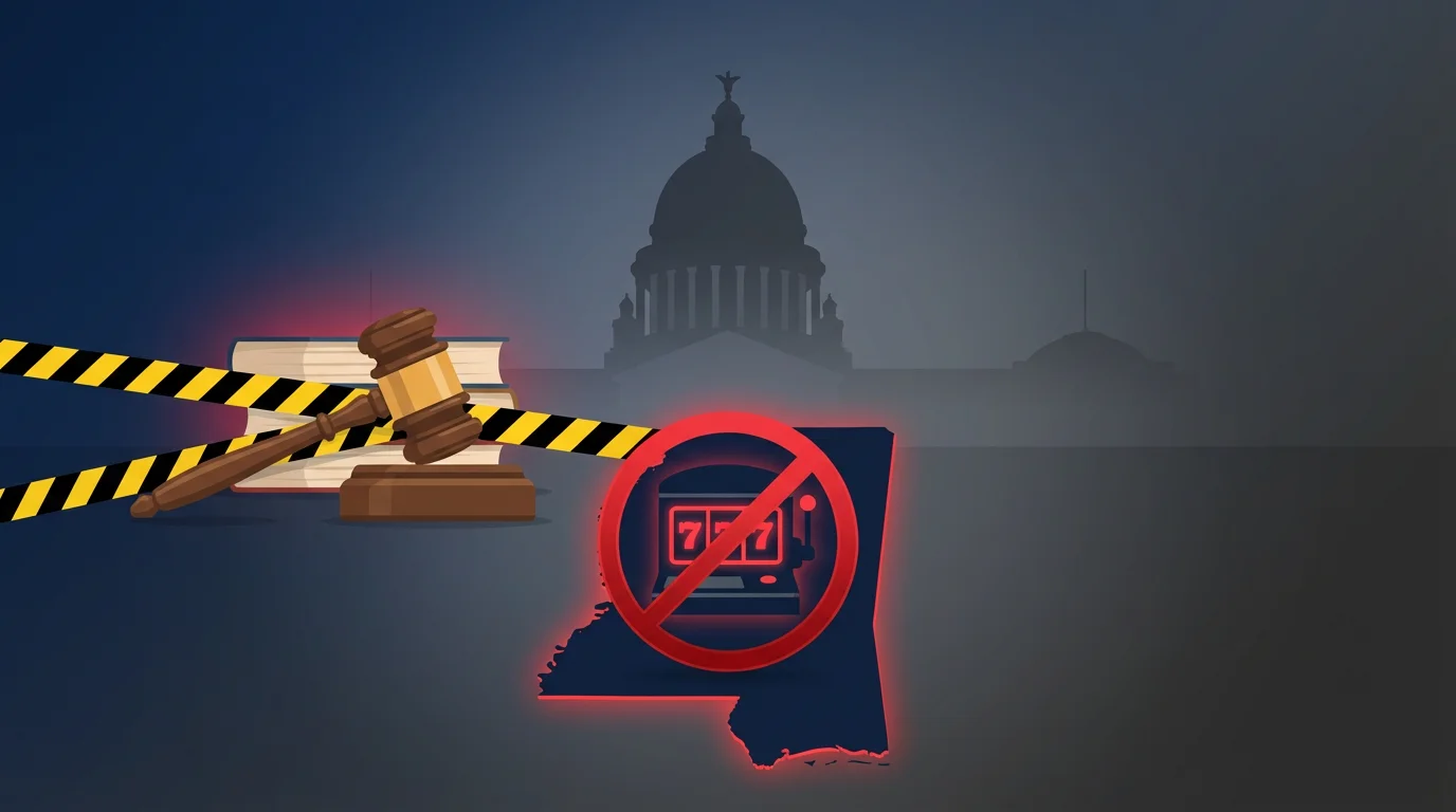 Mississippi SB2104 sweepstakes casino ban legislation with state outline, banned slot machine, and legal imagery