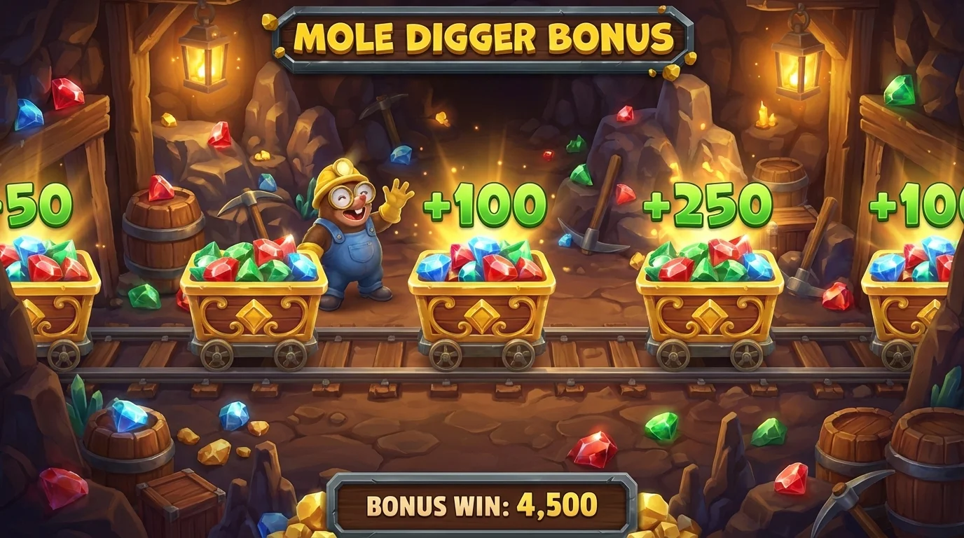 Mole Digger slot Mine Cart feature collecting gems