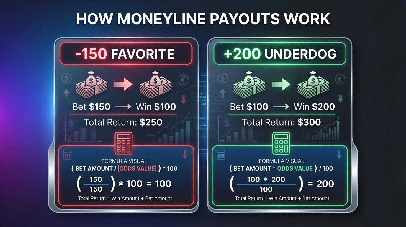 How moneyline payouts work - calculation examples for favorites and underdogs
