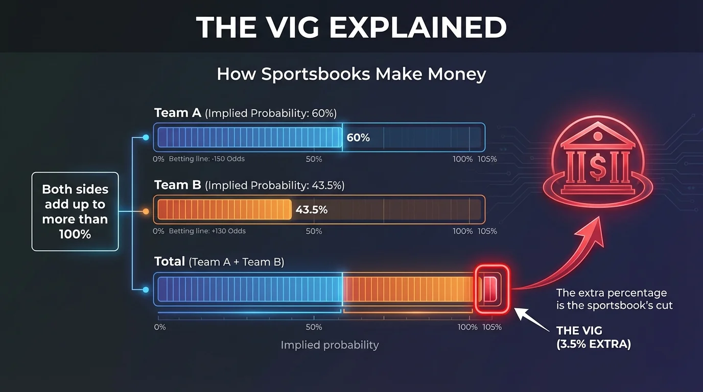 Infographic explaining the vigorish (vig) and how sportsbooks make money