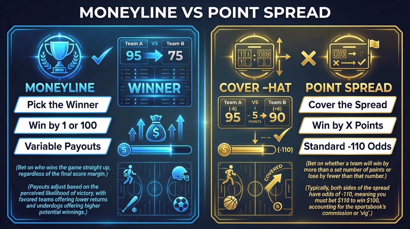 Comparison infographic showing differences between moneyline and point spread betting