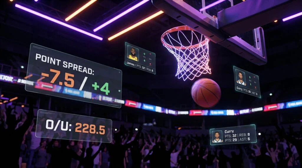 NBA basketball with betting odds overlay including point spread and player props