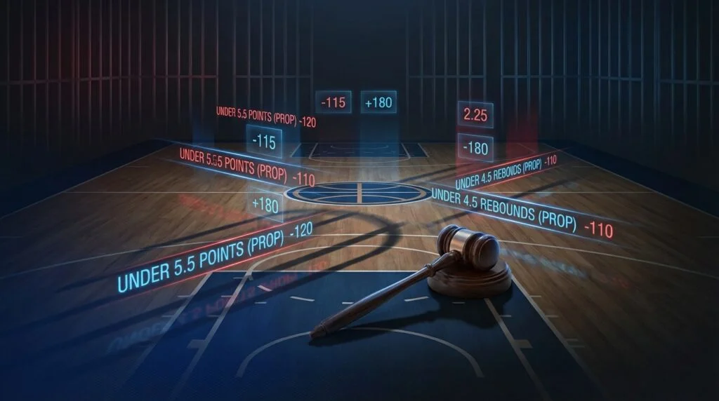 Basketball court with betting odds and gavel representing NBA prop bet scandal sentencing