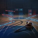 Basketball court with betting odds and gavel representing NBA prop bet scandal sentencing