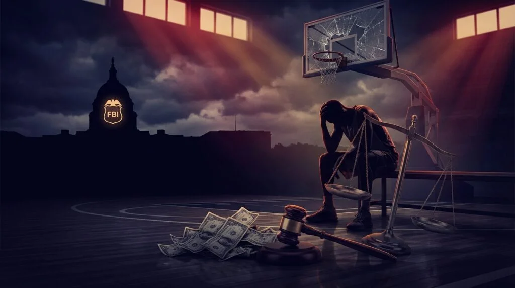 Basketball court with shattered backboard, player in shame, FBI badge, scales of justice, gavel, and cash representing the NCAA point-shaving scandal