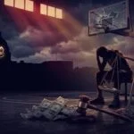Basketball court with shattered backboard, player in shame, FBI badge, scales of justice, gavel, and cash representing the NCAA point-shaving scandal