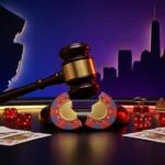 Legislative gavel splitting poker chip with New Jersey outline and NYC skyline - representing state gambling competition