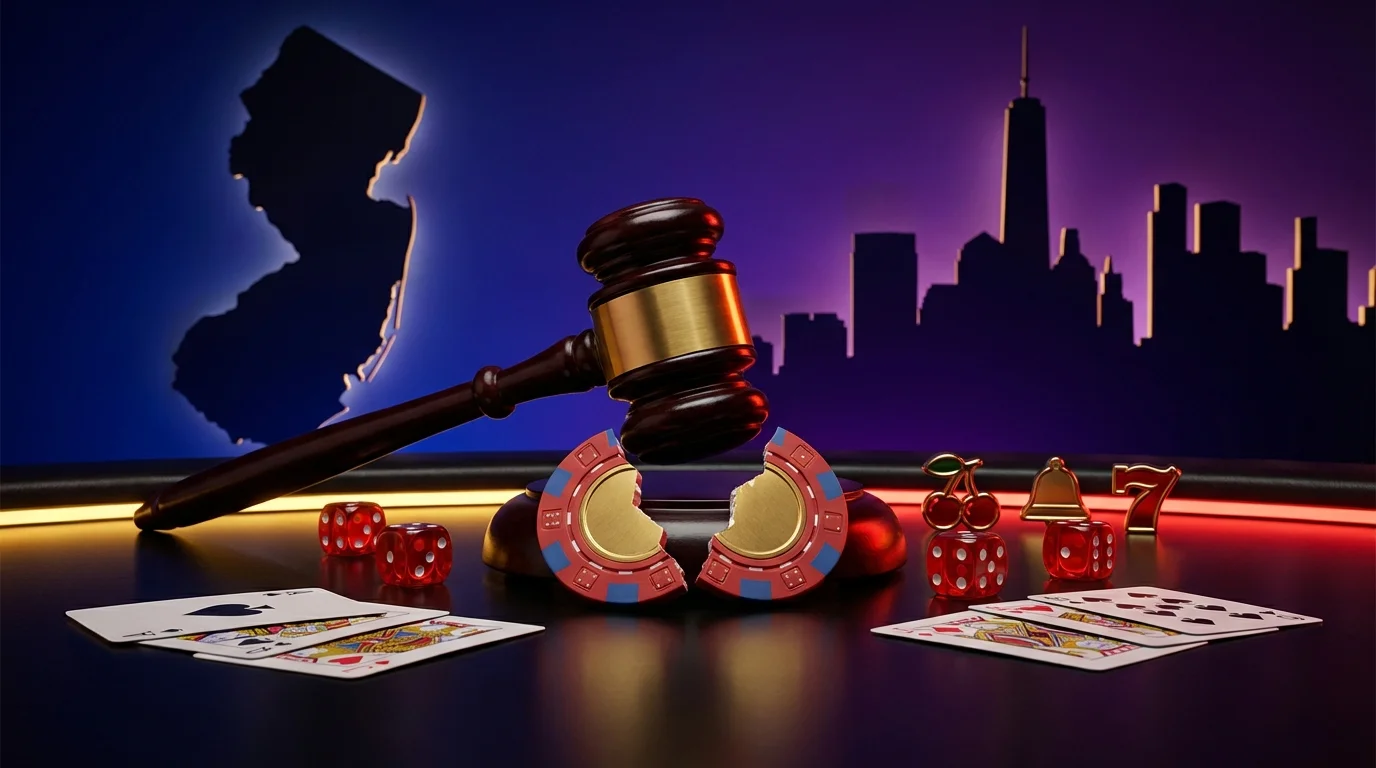 Legislative gavel splitting poker chip with New Jersey outline and NYC skyline - representing state gambling competition