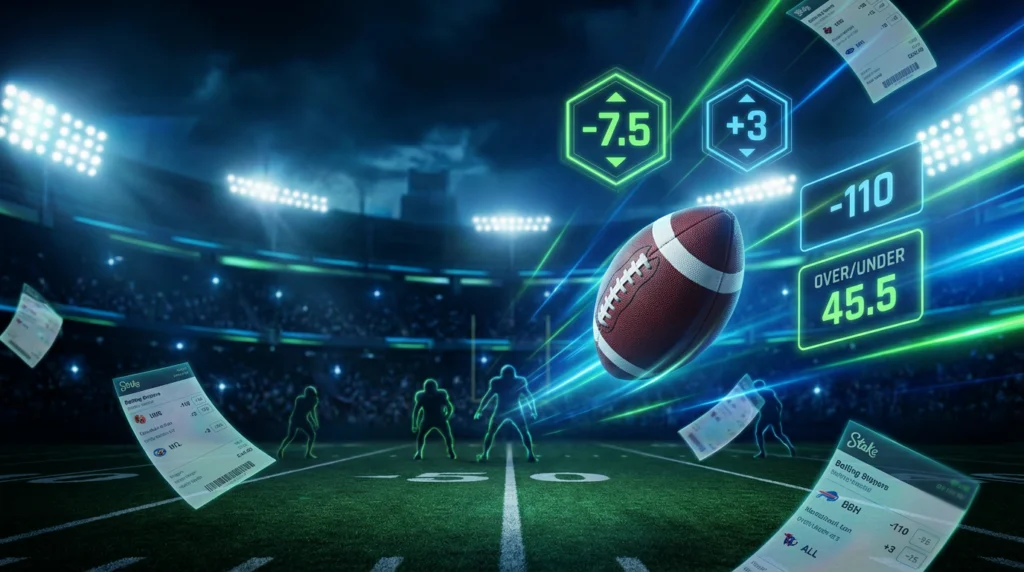 NFL football with betting odds overlay on stadium background