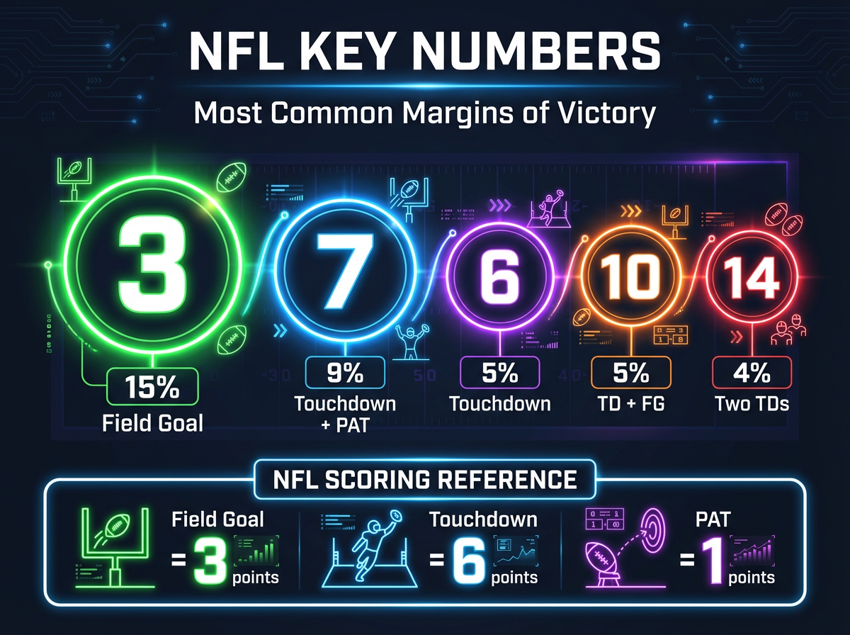 NFL key numbers showing most common margins of victory: 3, 7, 6, 10, 14