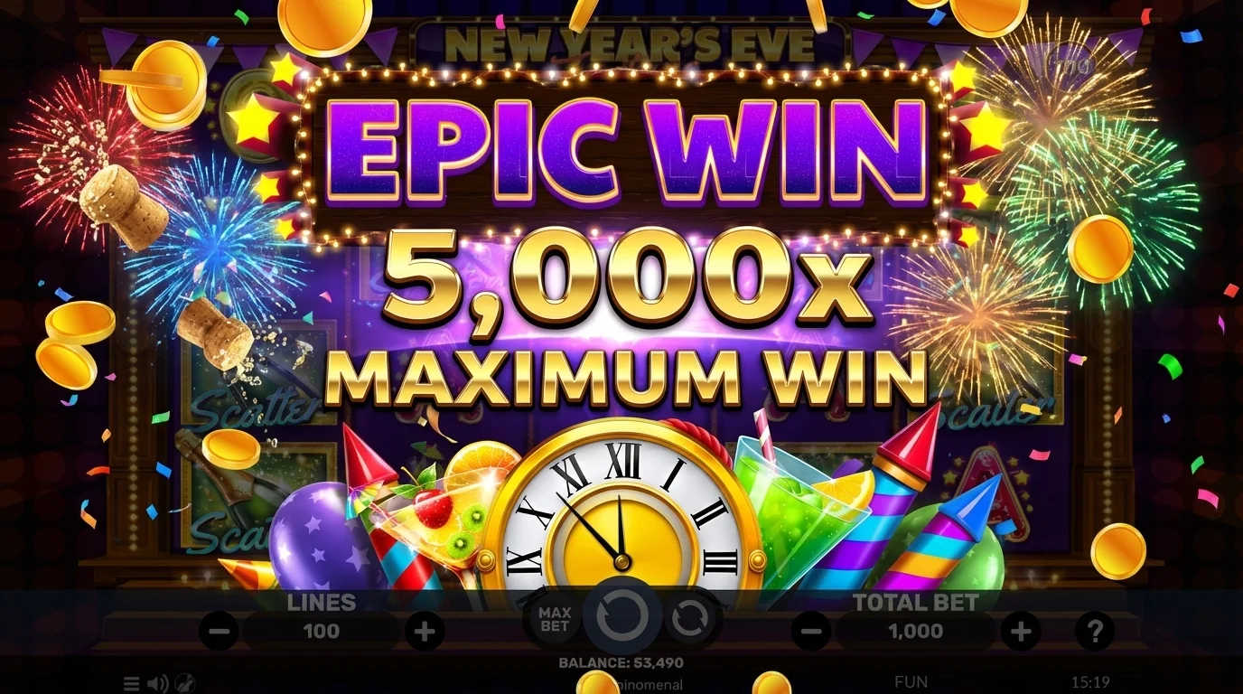New Year's Eve Fortune 2 Spinomenal: New Years Eve Fortune 2 slot big win celebration showing 5000x maximum win