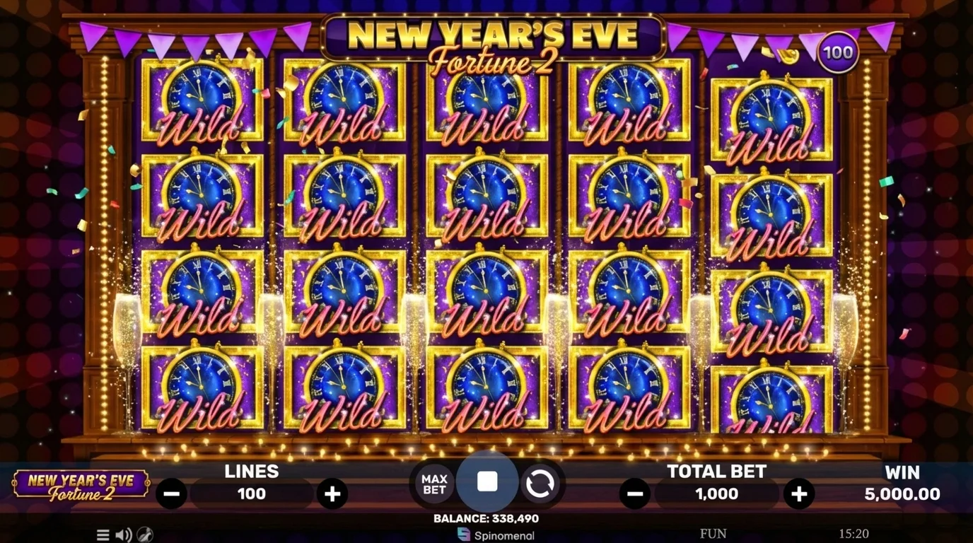 New Year's Eve Fortune 2 Spinomenal: New Years Eve Fortune 2 slot Wild Clock symbol at midnight