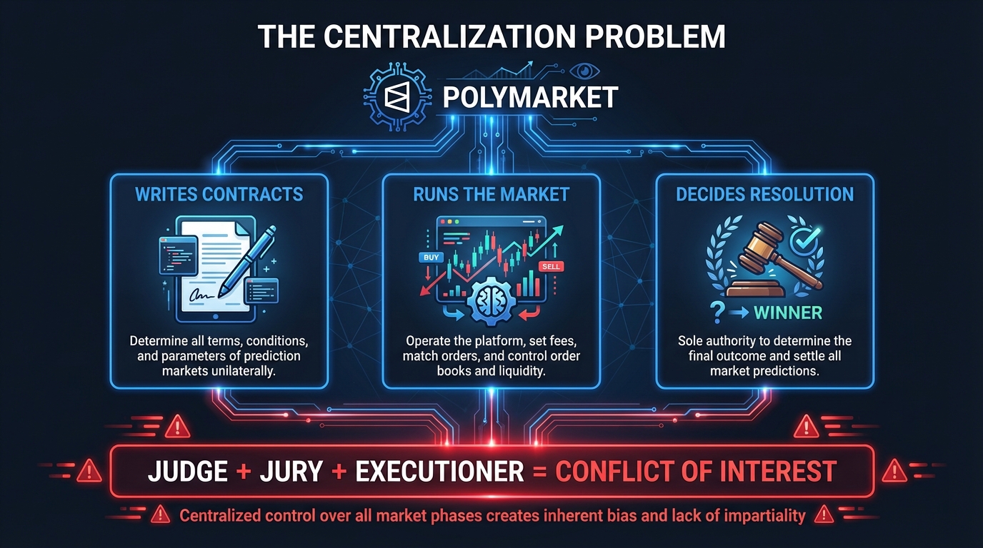 Infographic showing Polymarket controls all three phases: writes contracts, runs market, decides resolution - judge jury executioner conflict of interest