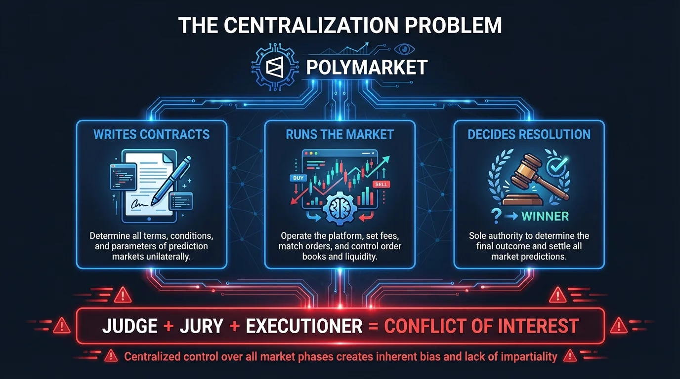 Infographic showing Polymarket controls all three phases: writes contracts, runs market, decides resolution - judge jury executioner conflict of interest
