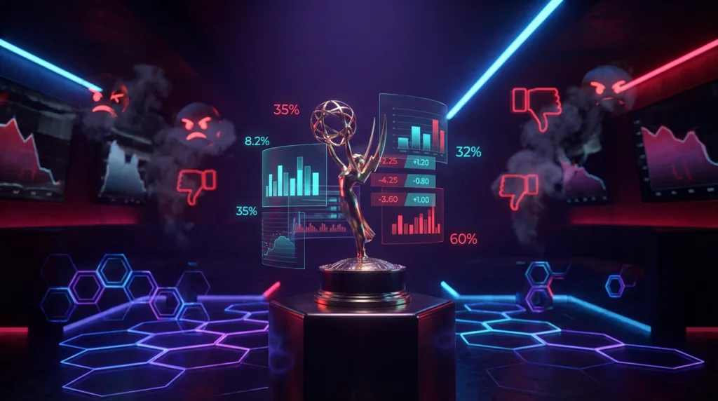 Awards trophy surrounded by betting odds and social media backlash icons representing Polymarket Golden Globes controversy