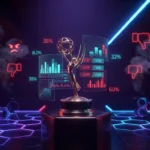 Awards trophy surrounded by betting odds and social media backlash icons representing Polymarket Golden Globes controversy