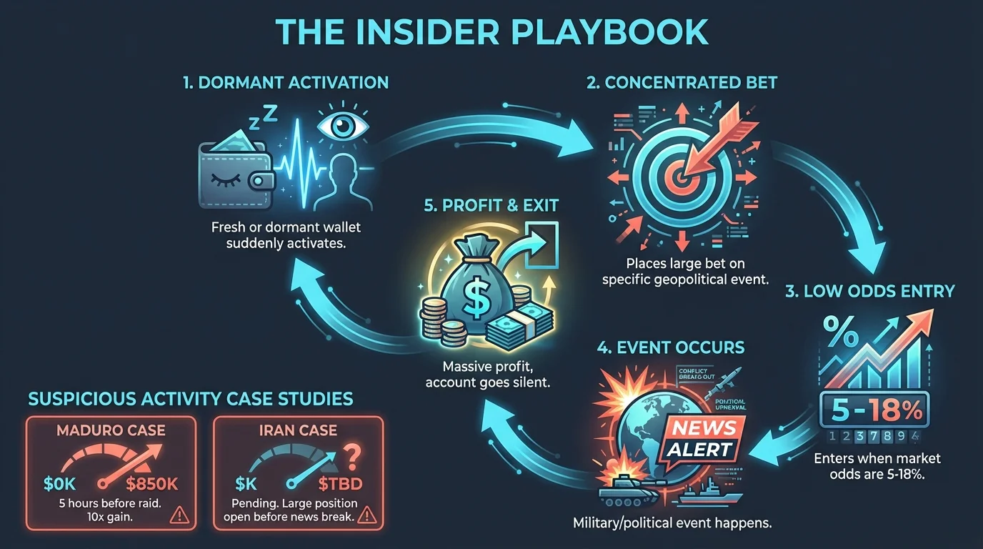 Infographic showing the 5-stage pattern of suspicious prediction market betting: dormant activation, concentrated bet, low odds entry, event occurs, profit and exit